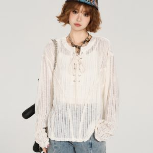 American Retro Lace-Up Hollow Sun Protection Shirt for Women - Summer Casual Loose Slimming Top