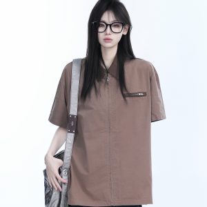 American Retro Lapel Zip Short Sleeve Shirt for Women - Gender-Neutral Loose Fit with Unique Niche Design, Casual Vintage Style