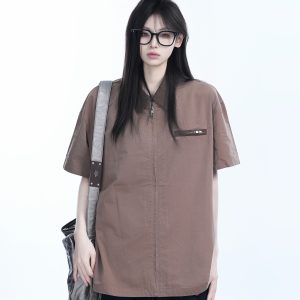 American Retro Lapel Zip Short Sleeve Shirt for Women - Gender-Neutral Loose Fit with Unique Niche Design, Casual Vintage Style