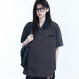 American Retro Lapel Zip Short Sleeve Shirt for Women - Gender-Neutral Loose Fit with Unique Niche Design, Casual Vintage Style