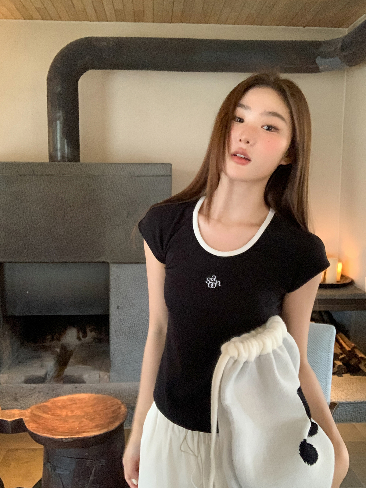 American Retro Letter Embroidery Color-Blocking U-Neck Short Sleeve T-Shirt for Women - Summer Slim Fit 90s Style Top American Retro Letter Embroidery Color-Blocking U-Neck Short Sleeve T-Shirt for Women - Summer Slim Fit 90s Style Top