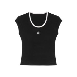 American Retro Letter Embroidery Color-Blocking U-Neck Short Sleeve T-Shirt for Women - Summer Slim Fit 90s Style Top