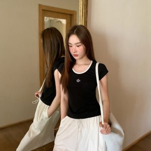 American Retro Letter Embroidery Color-Blocking U-Neck Short Sleeve T-Shirt for Women - Summer Slim Fit 90s Style Top