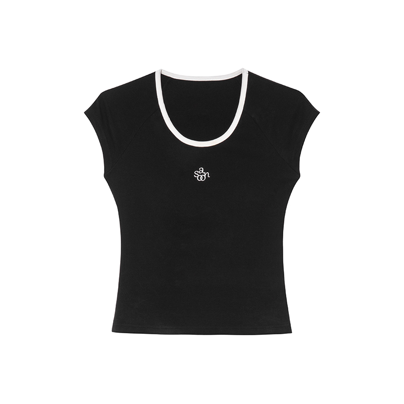 American Retro Letter Embroidery Color-Blocking U-Neck Short Sleeve T-Shirt for Women - Summer Slim Fit 90s Style Top