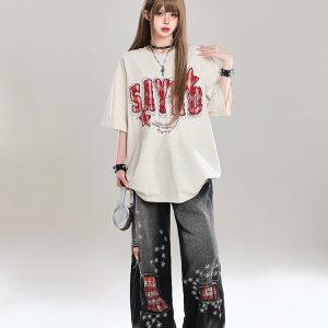 American Retro Letter Embroidery Short Sleeve T-Shirt for Women - Stylish Loose Fit College Casual Top for Summer 2025