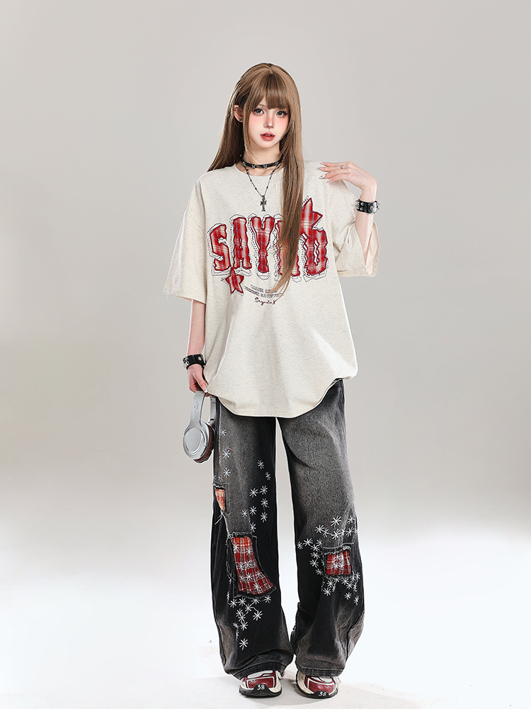 American Retro Letter Embroidery Short Sleeve T-Shirt for Women - Stylish Loose Fit College Casual Top for Summer 2025 American Retro Letter Embroidery Short Sleeve T-Shirt for Women - Stylish Loose Fit College Casual Top for Summer 2025