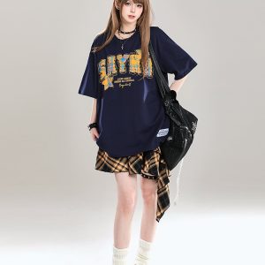 American Retro Letter Embroidery Short Sleeve T-Shirt for Women - Stylish Loose Fit College Casual Top for Summer 2025