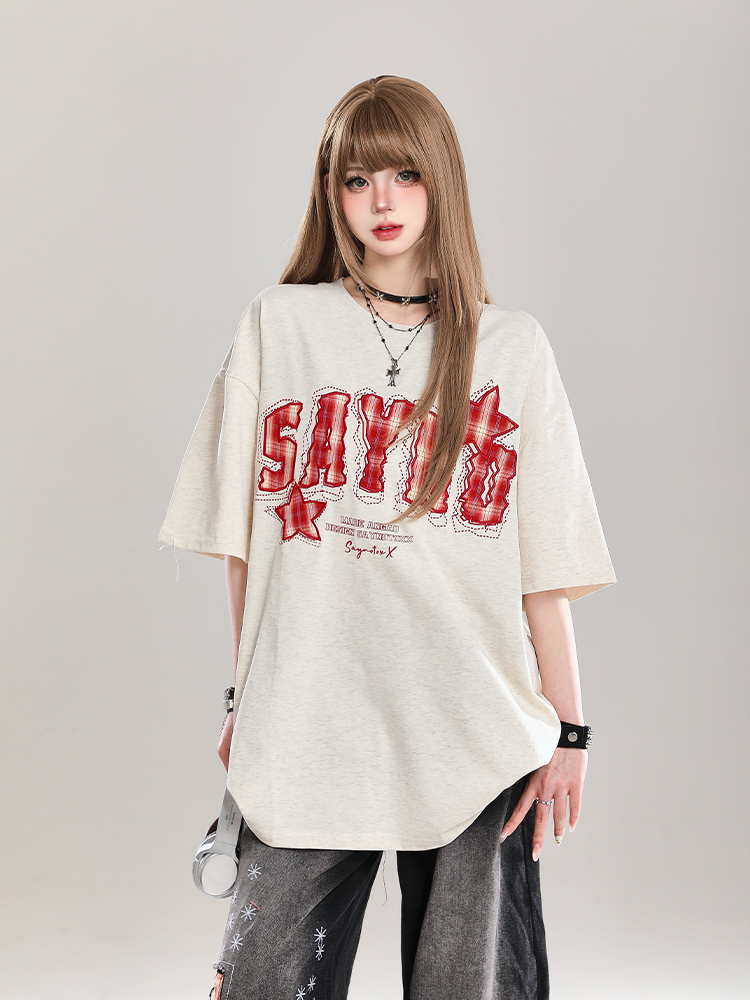 American Retro Letter Embroidery Short Sleeve T-Shirt for Women - Stylish Loose Fit College Casual Top for Summer 2025 American Retro Letter Embroidery Short Sleeve T-Shirt for Women - Stylish Loose Fit College Casual Top for Summer 2025