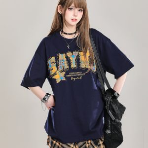 American Retro Letter Embroidery Short Sleeve T-Shirt for Women - Stylish Loose Fit College Casual Top for Summer 2025