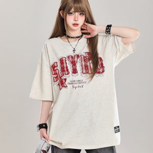 American Retro Letter Embroidery Short Sleeve T-Shirt for Women - Stylish Loose Fit College Casual Top for Summer 2025