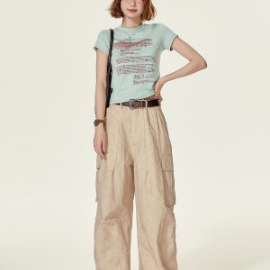 American Retro Letter Print Short Sleeve T-Shirt for Women – Slim Fit Summer Top in Girly Style