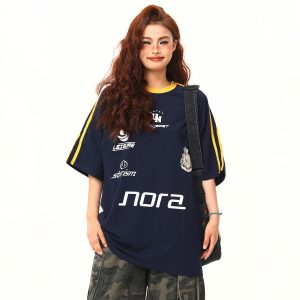 American Retro Letter Print Short-Sleeve T-Shirt for Women, Summer Loose Sports Style, Versatile Casual Top