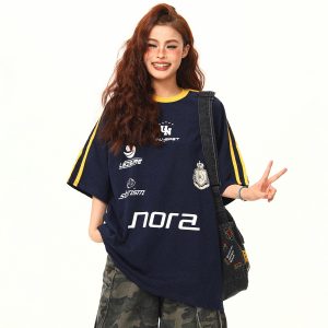 American Retro Letter Print Short-Sleeve T-Shirt for Women, Summer Loose Sports Style, Versatile Casual Top