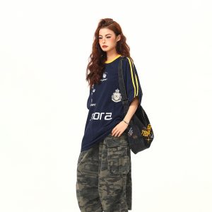 American Retro Letter Print Short-Sleeve T-Shirt for Women, Summer Loose Sports Style, Versatile Casual Top