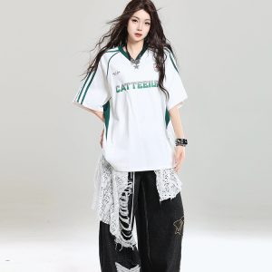 American Retro Letter Short Sleeve T-Shirt for Girls - Summer Jersey Sporty Casual Loose Fit, Niche Half-Sleeve Style
