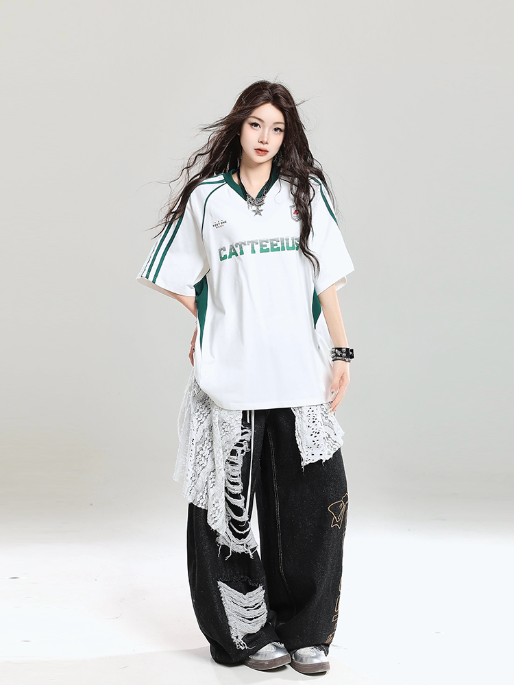 American Retro Letter Short Sleeve T-Shirt for Girls - Summer Jersey Sporty Casual Loose Fit, Niche Half-Sleeve Style American Retro Letter Short Sleeve T-Shirt for Girls - Summer Jersey Sporty Casual Loose Fit, Niche Half-Sleeve Style