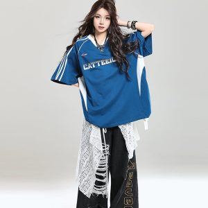 American Retro Letter Short Sleeve T-Shirt for Girls - Summer Jersey Sporty Casual Loose Fit, Niche Half-Sleeve Style
