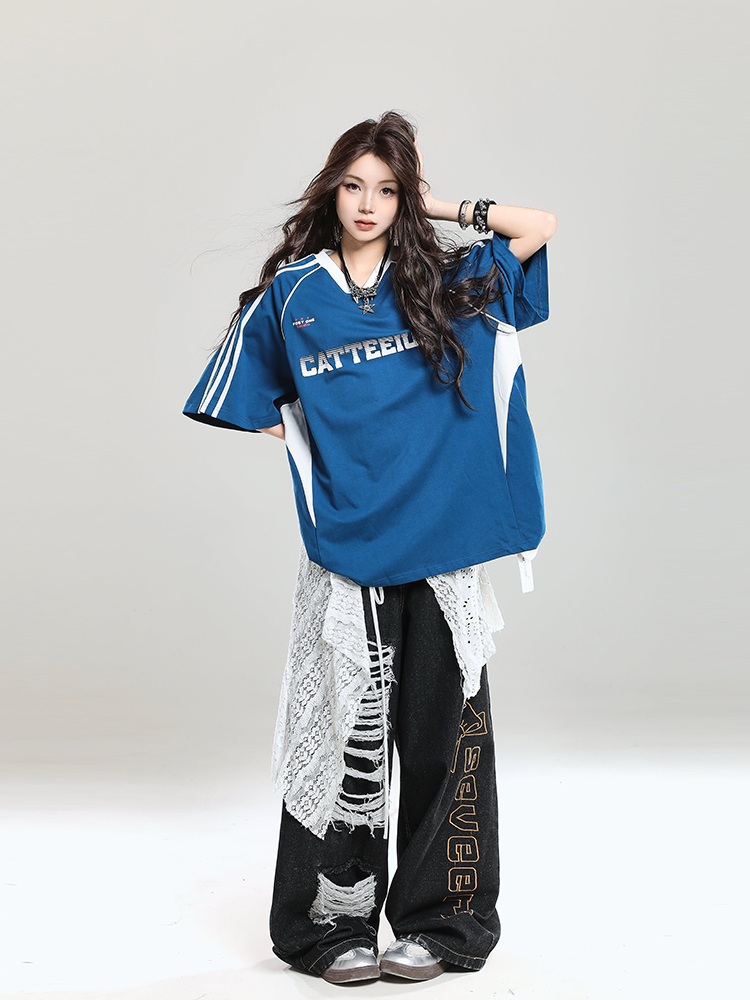 American Retro Letter Short Sleeve T-Shirt for Girls - Summer Jersey Sporty Casual Loose Fit, Niche Half-Sleeve Style American Retro Letter Short Sleeve T-Shirt for Girls - Summer Jersey Sporty Casual Loose Fit, Niche Half-Sleeve Style