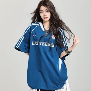 American Retro Letter Short Sleeve T-Shirt for Girls - Summer Jersey Sporty Casual Loose Fit, Niche Half-Sleeve Style