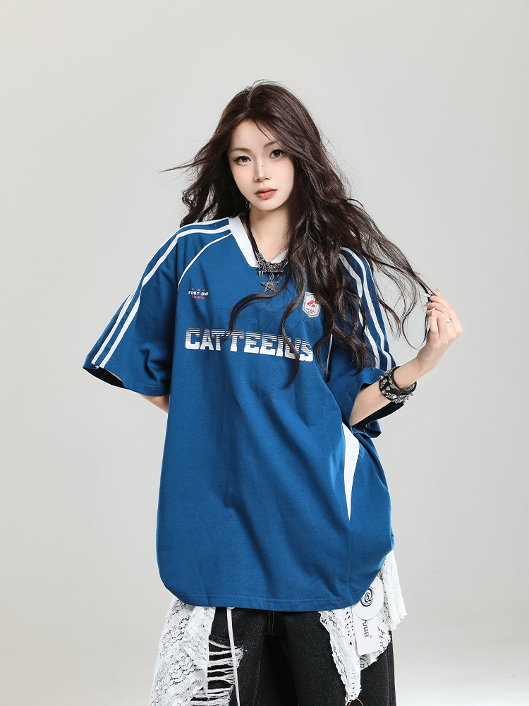 American Retro Letter Short Sleeve T-Shirt for Girls - Summer Jersey Sporty Casual Loose Fit, Niche Half-Sleeve Style American Retro Letter Short Sleeve T-Shirt for Girls - Summer Jersey Sporty Casual Loose Fit, Niche Half-Sleeve Style