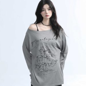 American Retro Off-Shoulder Long Sleeve T-Shirt for Women - Summer Thin Loose Cover-Up with Sun Protection, Casual Fit