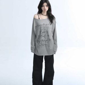 American Retro Off-Shoulder Long Sleeve T-Shirt for Women - Summer Thin Loose Cover-Up with Sun Protection, Casual Fit