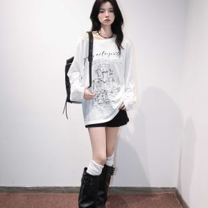 American Retro Off-Shoulder Long Sleeve T-Shirt for Women - Summer Thin Loose Cover-Up with Sun Protection, Casual Fit