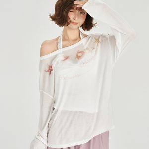 American Retro Off-Shoulder Sheer Long Sleeve Cover-Up Women's Versatile Fruit Print Top for 90s Y2K Style