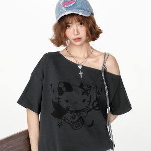 American Retro Off-Shoulder Short Sleeve T-Shirt for Women, Summer Tie Design, Loose Slimming Top, Girly Y2K Fashion Style