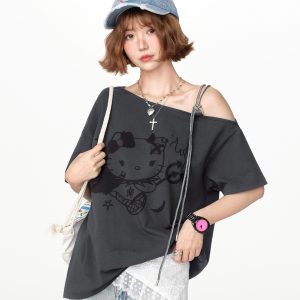 American Retro Off-Shoulder Short Sleeve T-Shirt for Women, Summer Tie Design, Loose Slimming Top, Girly Y2K Fashion Style