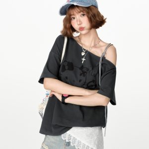 American Retro Off-Shoulder Short Sleeve T-Shirt for Women, Summer Tie Design, Loose Slimming Top, Girly Y2K Fashion Style