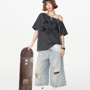 American Retro Off-Shoulder Short Sleeve T-Shirt for Women, Summer Tie Design, Loose Slimming Top, Girly Y2K Fashion Style