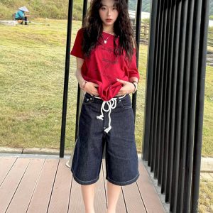 American Retro Off-Shoulder Short-Sleeve Women's Summer Letter Print Red T-Shirt - Trendy Loose Slim Fit Top for Y2K Style