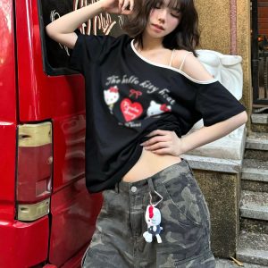 American Retro Off-Shoulder T-Shirt for Women, Summer Hello Kitty Printed Loose Color-Blocking Short Sleeve Top