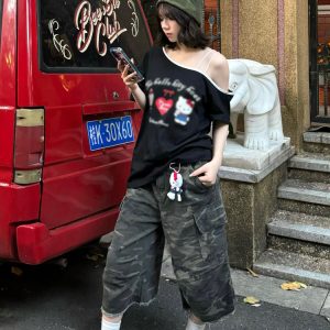 American Retro Off-Shoulder T-Shirt for Women, Summer Hello Kitty Printed Loose Color-Blocking Short Sleeve Top