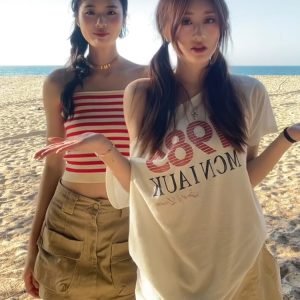 American Retro Off-Shoulder T-Shirt for Women, Summer Letter Print, Oversized Loose Short Sleeve, Trendy Y2K Shoulder-Baring Top