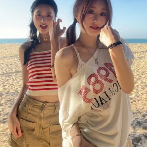 American Retro Off-Shoulder T-Shirt for Women, Summer Letter Print, Oversized Loose Short Sleeve, Trendy Y2K Shoulder-Baring Top