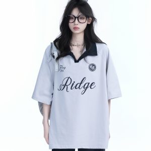 American Retro Oversized Short Sleeve T-Shirt for Women - Trendy Loose Fit with 'Sit and Eat Until the Mountains are Empty' Design