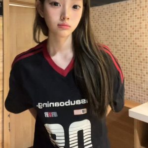 American Retro Oversized V-Neck Short Sleeve T-Shirt for Women - Three-Stripe Color-Blocked Summer High Street Style