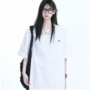 American Retro Oversized White Short Sleeve T-Shirt for Women - Summer Casual Loose Fit with 