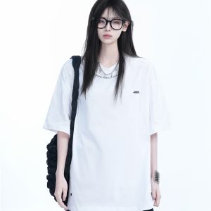 American Retro Oversized White Short Sleeve T-Shirt for Women - Summer Casual Loose Fit with 