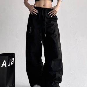 American Retro Parachute Cargo Pants for Women - Loose Wide-Leg Casual Jazz Dance Sports Pants, Y2K Inspired Fashion