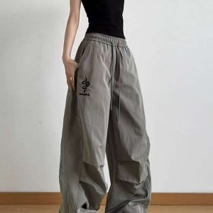 American Retro Parachute Cargo Pants for Women - Loose Wide-Leg Casual Jazz Dance Sports Pants, Y2K Inspired Fashion