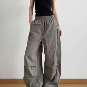 American Retro Parachute Cargo Pants for Women - Loose Wide-Leg Casual Jazz Dance Sports Pants, Y2K Inspired Fashion