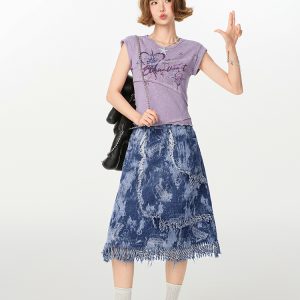 American Retro Patchwork Short Sleeve T-Shirt for Women, Irregular Waist-Cinching Slim Fit Top, Summer Fashion