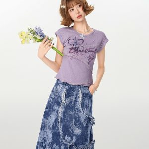 American Retro Patchwork Short Sleeve T-Shirt for Women, Irregular Waist-Cinching Slim Fit Top, Summer Fashion