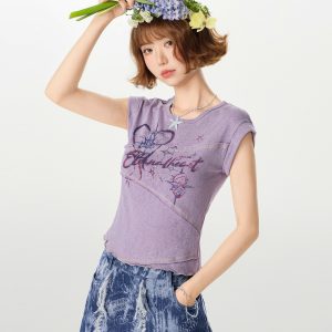 American Retro Patchwork Short Sleeve T-Shirt for Women, Irregular Waist-Cinching Slim Fit Top, Summer Fashion