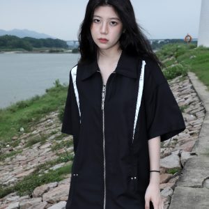 American Retro Patchwork Zip Short Sleeve Shirt for Women - Summer Loose Fit Casual Top, Y2K Street Style Fashion