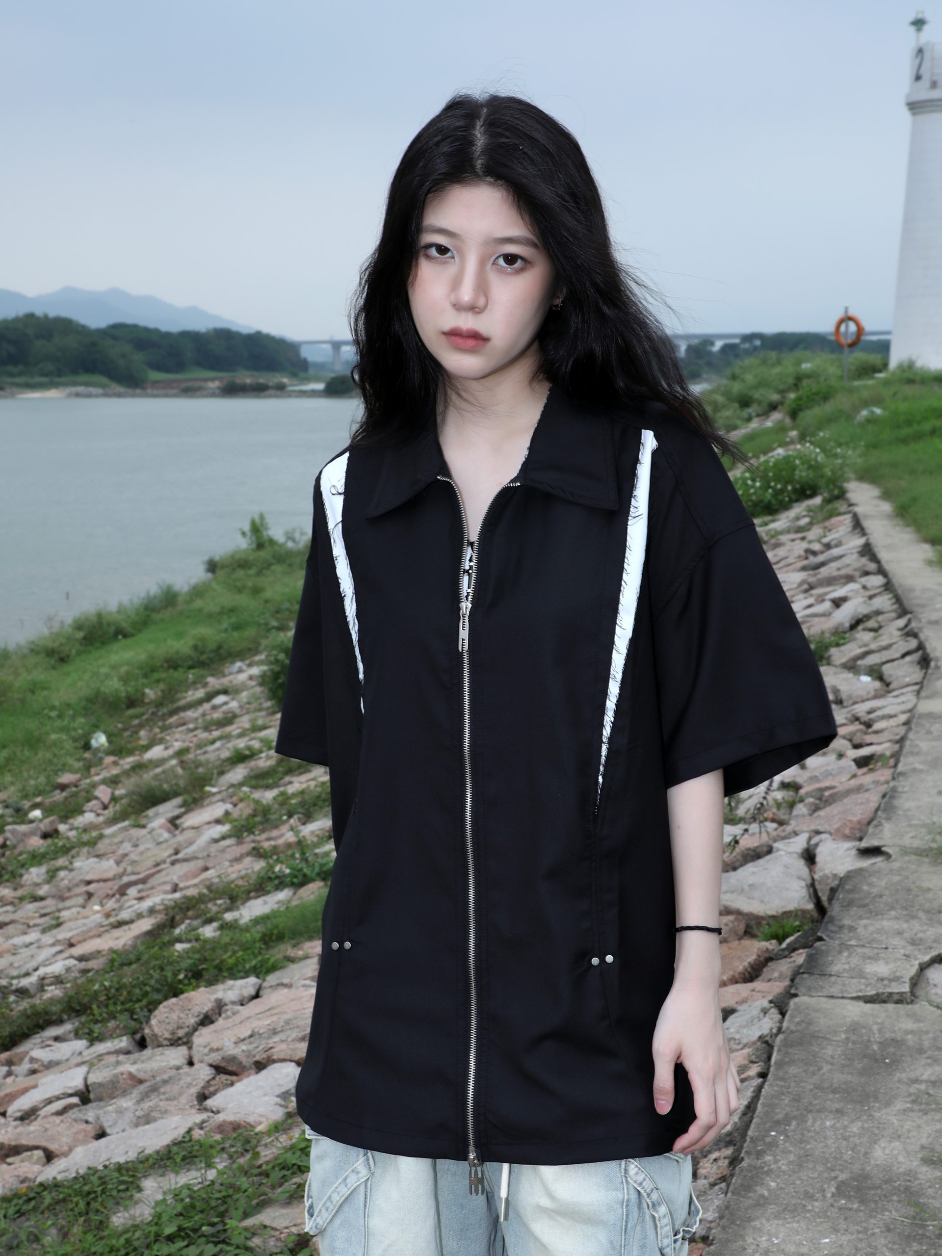 American Retro Patchwork Zip Short Sleeve Shirt for Women - Summer Loose Fit Casual Top, Y2K Street Style Fashion American Retro Patchwork Zip Short Sleeve Shirt for Women - Summer Loose Fit Casual Top, Y2K Street Style Fashion