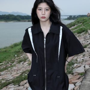American Retro Patchwork Zip Short Sleeve Shirt for Women - Summer Loose Fit Casual Top, Y2K Street Style Fashion